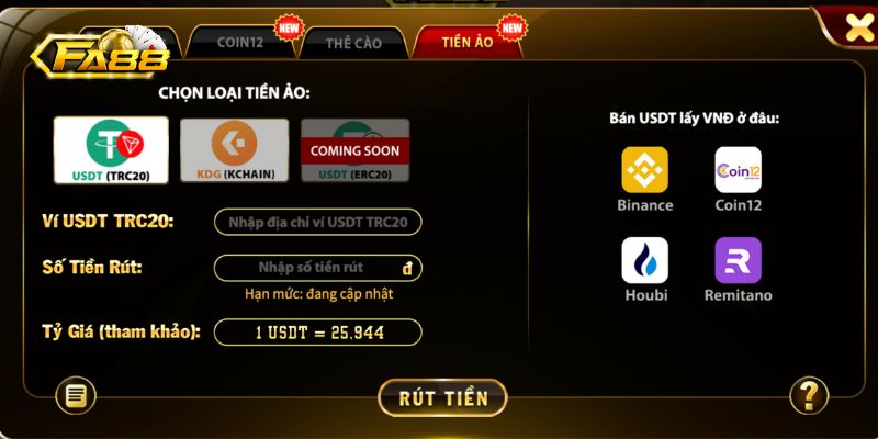 Quy trình rút tiền Fa88 an toàn chỉ với 3 bước đơn giản 3 Hướng dẫn rút tiền Fa88 bằng tiền ảo